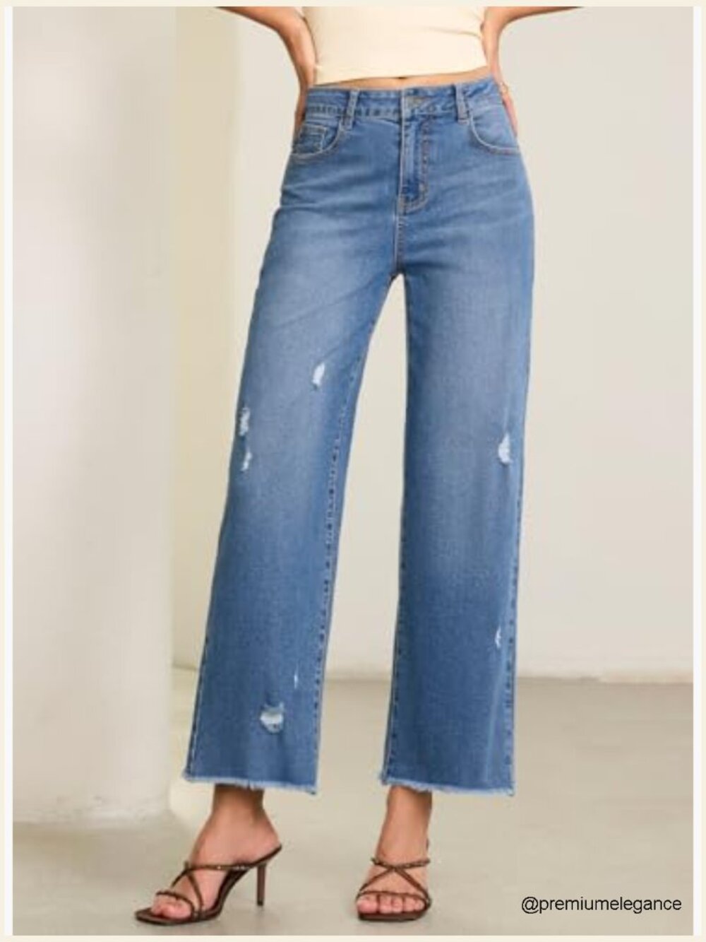 Wide Leg Stretchy Distressed Raw Hem Ankle Jeans with Pockets - Picture 4 of 7